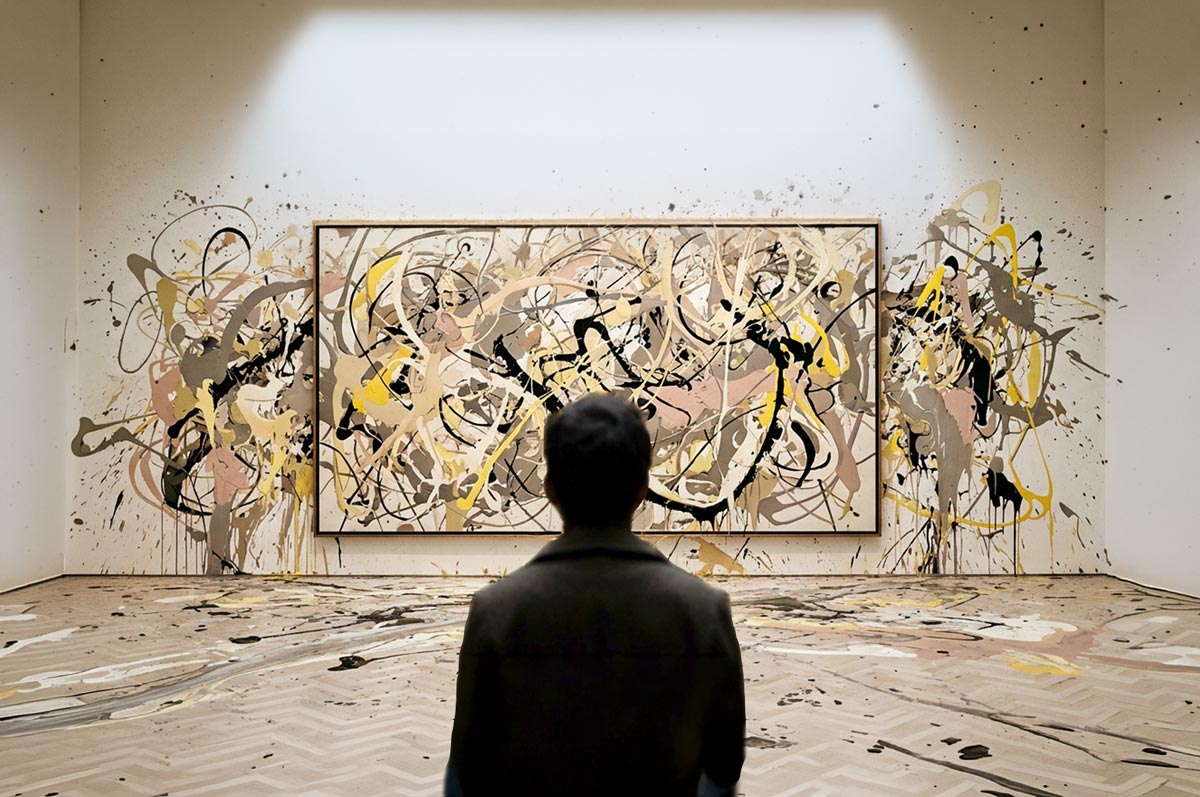 Un visitatore davanti a un grande quadro astratto i cui segni si allargano sulle pareti della galleria