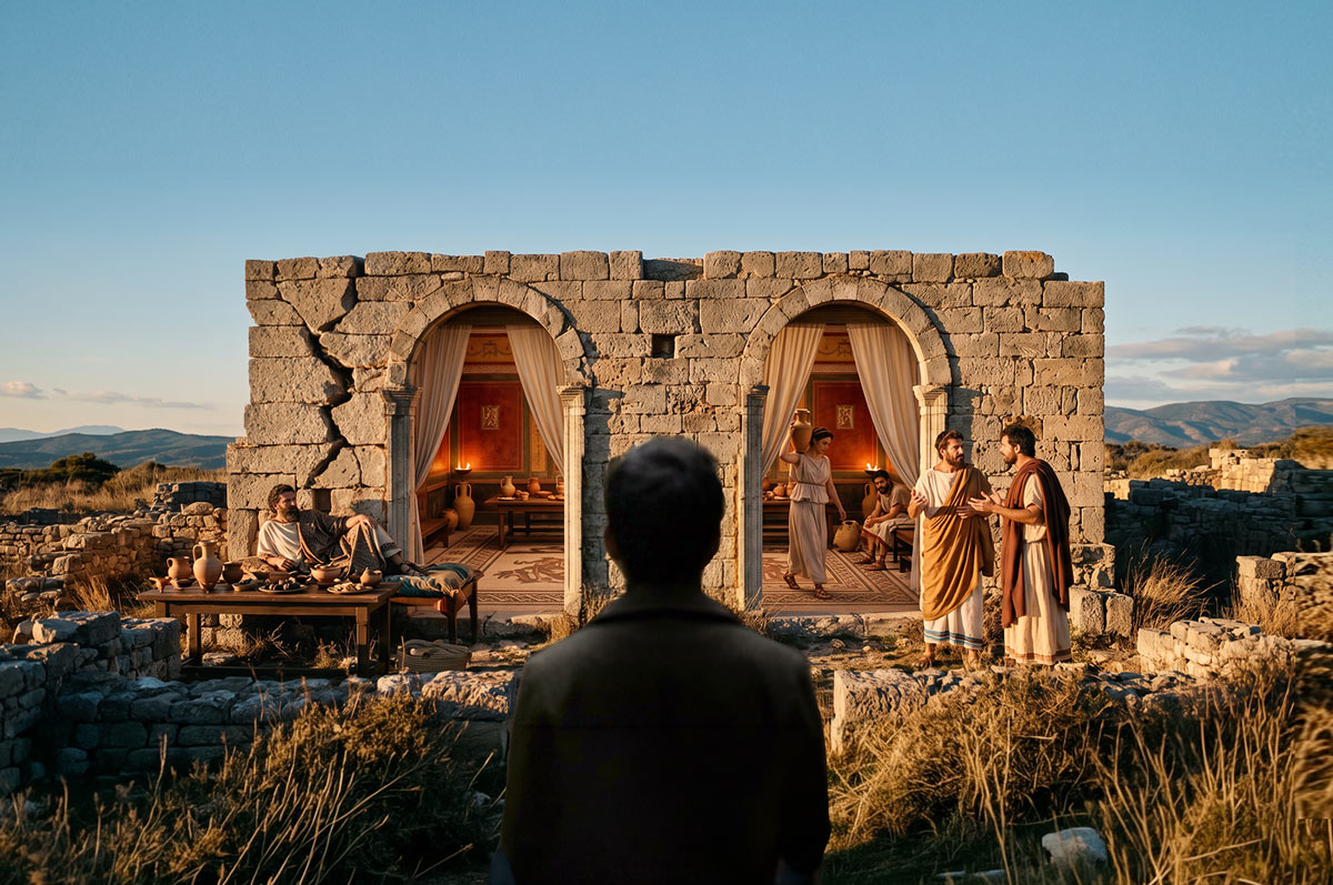 Un visitatore davanti a rovine romane dove la vita quotidiana antica torna a scorrere al tramonto