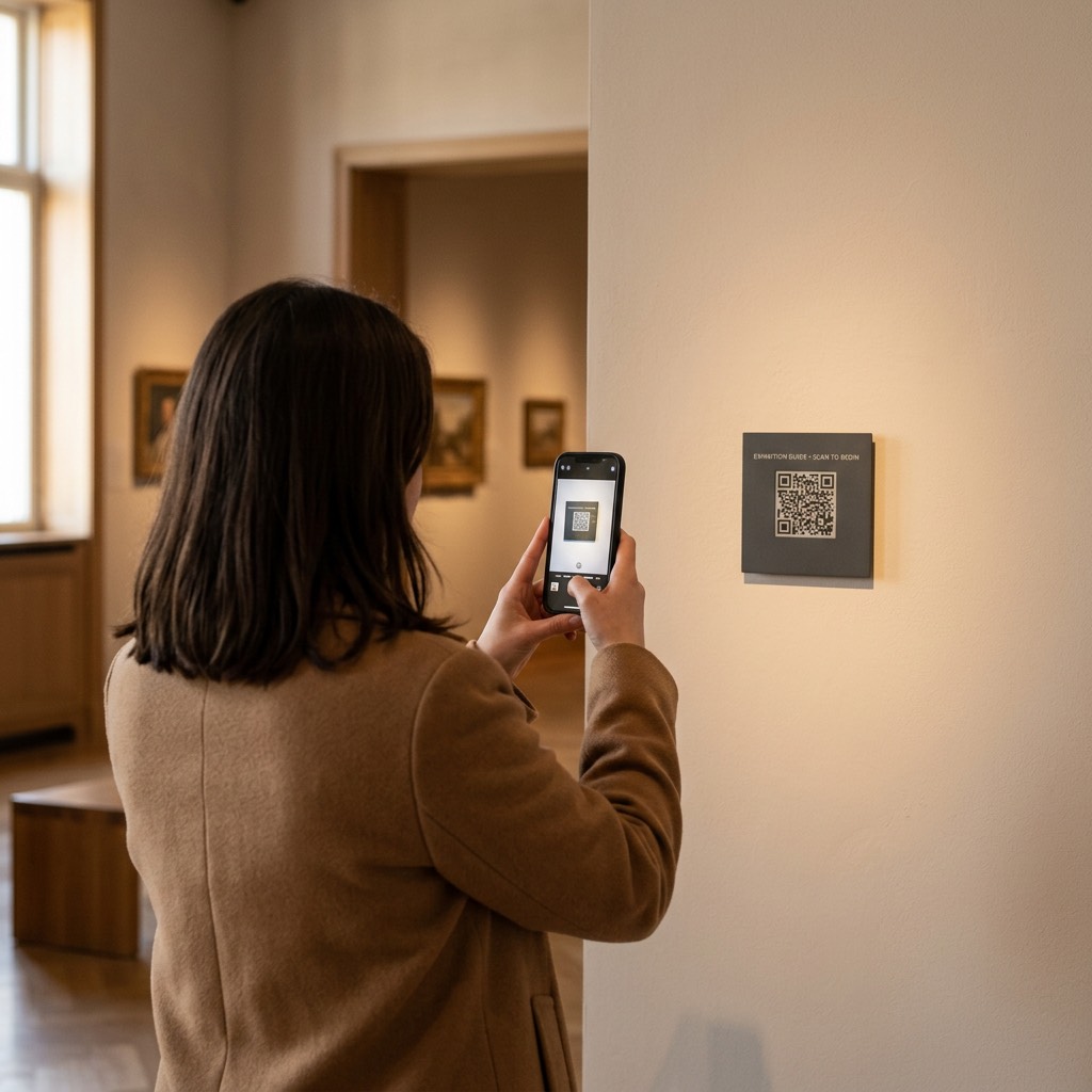 Visitatrice inquadra con lo smartphone il QR code dell'audioguida in una sala del museo